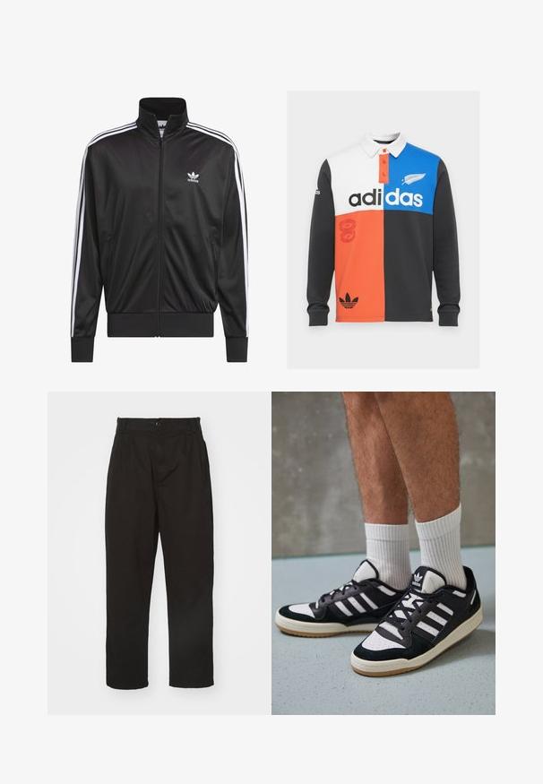Čierna polyesterová bunda na zips s vysokým golierom, biely trojprúžkový dizajn pozdĺž rukávov a malé biele logo Adidas na ľavej hrudi.; Polo tričko s dlhými rukávmi v farebnom blokovaní v čiernej, bielej, oranžovej a modrej farbe, s golierom, knoflíkovou légou a výrazným brandingom Adidas.; Čierne nohavice vyrobené z hladkej látky, s gombíkovým zapínaním, rovného strihu a s dvoma prednými záhybmi pre pridanie detailu.; Čierno-biele tenisky s vrchom z semišu a kože, s troma bielymi pruhmi, perforovanou špičkou a gumovou podrážkou.