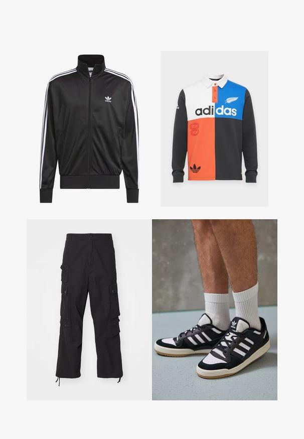 Mustad polüestrist tõmbluku jack, millel on kõrge krae, valge kolmest triibust koosnev disain varrukatel ja väike valge Adidas'i logo vasakul rinnal.; Värviblokiga pikkade varrukatega polo särk mustas, valges, oranžis ja sinises, millel on krae, nööbiplokk ning silmapaistev Adidas bränding.; Carhartt WIP TRACKER PANT - Kargopüksid - black; Mustvalged ja valged spordijalatsid, mille pealmine osa on valmistatud suede'ist ja nahast. Kingadel on kolm valget riba, auguline varvas ja kummist tald.