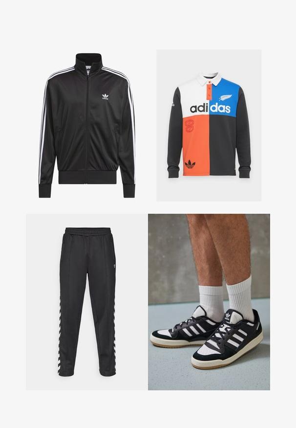 Zwarte polyester zip-up jas met hoge kraag, witte drie-strepen ontwerp langs de mouwen en klein wit Adidas-logo op de linkerbovenborst.; Kleurgeblokte lange mouwen polo shirt in zwart, wit, oranje en blauw, met een kraag, knoopsluiting en opvallende Adidas branding.; Zwarte sportbroek met een elastische tailleband, voorzien van zijzakken met rits en witte zigzagaccenten langs de zijkanten. Soepele textuur.; Zwart-witte sneakers met een bovenwerk van suede en leer, voorzien van drie witte strepen, een geperforeerde neus en een rubberen gumzool.