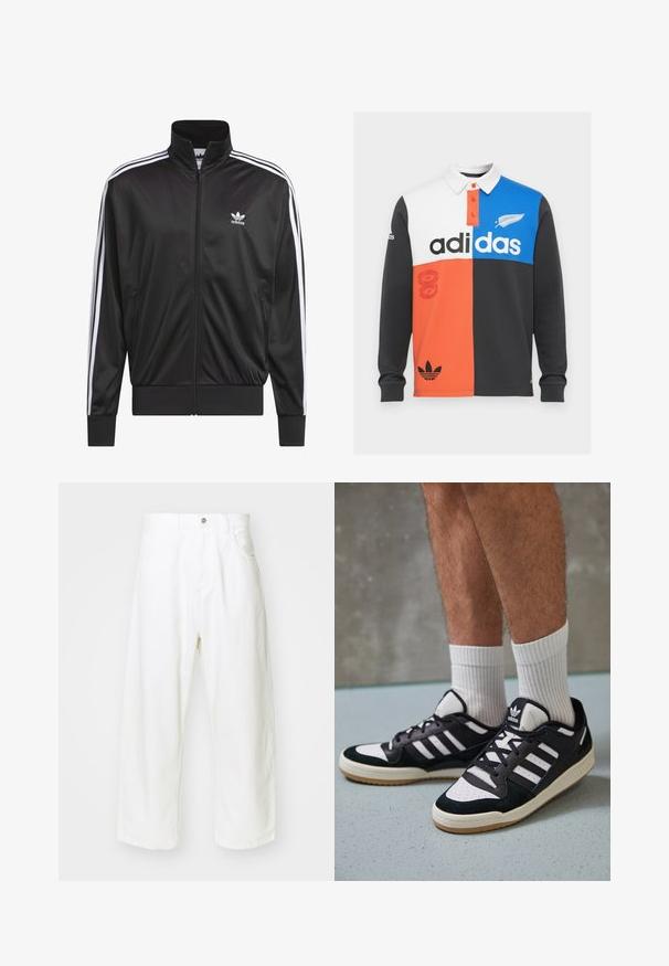 Melnas poliestera zip-up jaka ar augstu apkakli, baltu triju svītru dizainu gar piedurknēm un mazliet baltu Adidas logo kreisajā krūtī.; Krāsaini blokota garām piedurknēm polo krekls melnā, baltā, oranžā un zilā krāsā, ar apkakli, pogu aizdari un izteiksmīgu Adidas zīmolu.; Baltas platmas no džinsa, ar augsto jostasvietu, piecām kabatām un pogu aizdari. Vienkāršs dizains ar neapstrādātiem malu galiem.; Melnas un baltas kedas ar zamša un ādas augšdaļu, kas aprīkotas ar trim baltām svītrām, perforētu purngali un gumijas zolēm.