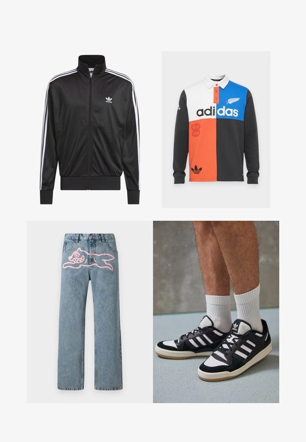 Črna poliestrska jakna s kapuco na zadrgo in visokim ovratnikom, z belim dizajnom treh črt po rokavih in majhnim belim logotipom Adidas na levem prsnem delu.; Barvni blokirani dolgi rokav polo majica v črni, beli, oranžni in modri barvi, z ovratnikom, gumbnim zapiranjem in opaznim Adidasovim logotipom.; Svijetloplave traperice ravnog kroja, s velikim grafičkim motivom ružičastog crtanog mačka na lijevom bedru. Klasičan dizajn s pet džepova.; Črno-bele superge z zgornjim delom iz usnja in nubuka, ki imajo tri bele črte, perforiran vrh prstov in podplat iz gume.