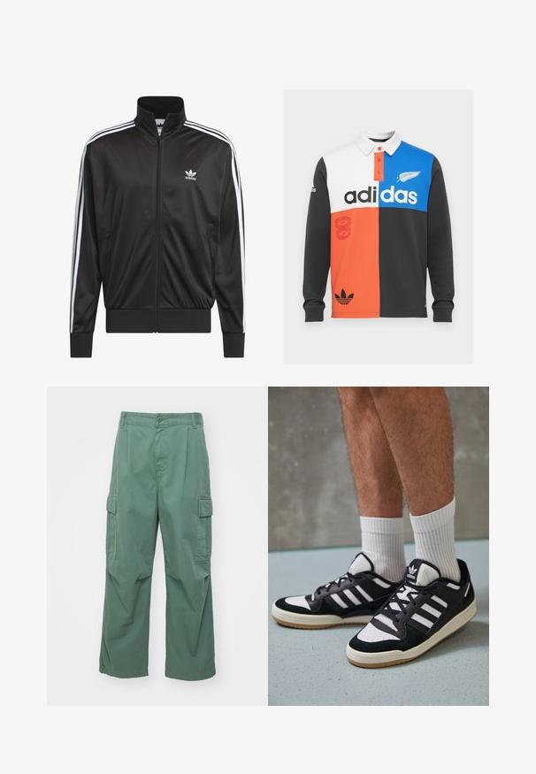 Juodas poliesterinis užtrauktukas su aukštu apykakle, baltos trijų juostelių dizainas palei rankoves ir mažas baltas Adidas logotipas kairiajame krūtinės pusėje.; Juodos, baltos, oranžinės ir mėlynos spalvų blokų ilgų rankovių polo marškiniai su apykakle, mygtukų užsegimu ir išskirtiniu Adidas ženklinimu.; Žalios medvilnės krovinių kelnės, turinčios laisvą prigludimą, plačias kojas ir šonines kišenes. Audinys yra lygus, be raštų.; Juodos ir baltos sportinės bateliai su zomšiniu ir odiniu viršumi, su trimis baltomis juostelėmis, perforuota koja ir guminėmis padais.