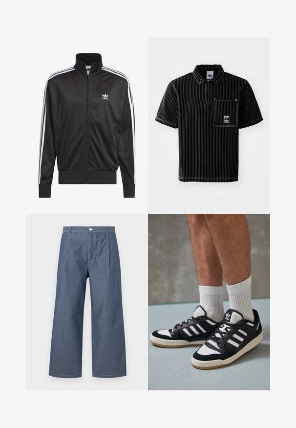 Schwarze Polyester-Jacke mit Reißverschluss und hohem Kragen, weißem Dreistreifen-Design an den Ärmeln und kleinem weißen Adidas-Logo auf der linken Brust.; Schwarzes kurzärmeliges Poloshirt mit einem Frontreißverschluss, weißen vertikalen Streifen, Brusttasche mit kleinem Logo und strukturiertem Stoff.; Leichte Denim-Hosen in einer dunklen Blaunuance, mit hoher Taille, weiten Beinen, vorderen Falten und einem Knopfverschluss.; Schwarz-weiße Sneaker mit einem Obermaterial aus Wildleder und Leder, ausgestattet mit drei weißen Streifen, einer perforierten Zehenpartie und einer Sohle aus Gummi.