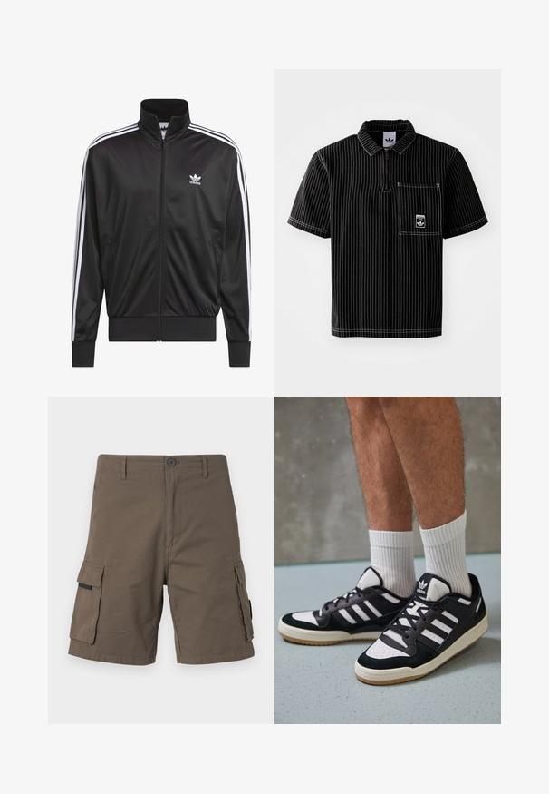 Schwarze Polyester-Jacke mit Reißverschluss und hohem Kragen, weißem Dreistreifen-Design an den Ärmeln und kleinem weißen Adidas-Logo auf der linken Brust.; Schwarzes kurzärmeliges Poloshirt mit einem Frontreißverschluss, weißen vertikalen Streifen, Brusttasche mit kleinem Logo und strukturiertem Stoff.; Cargo-Shorts in Olivgrün, aus Baumwolle gefertigt, mit zwei Seitentaschen, einem Knopfverschluss und einem geraden Bein-Design.; Schwarz-weiße Sneaker mit einem Obermaterial aus Wildleder und Leder, ausgestattet mit drei weißen Streifen, einer perforierten Zehenpartie und einer Sohle aus Gummi.