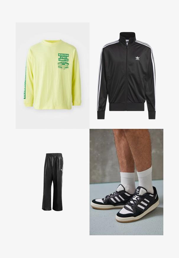 Veste zippée en polyester noir avec col montant, design à trois rayures blanches le long des manches et petit logo Adidas blanc sur la poitrine gauche.; Chemise à manches longues jaune en coton avec un imprimé graphique vert sur la poitrine et la manche portant l'inscription "COMITÉ DES SPORTS MANASTASH." Col rond.; Pantalons de sport synthétiques noirs avec une taille élastique, dotés de rayures blanches sur les côtés et d'un petit logo blanc sur la hanche gauche.; Baskets noir et blanc avec une tige en suède et cuir, comportant trois rayures blanches, un bout perforé et une semelle en caoutchouc gum.
