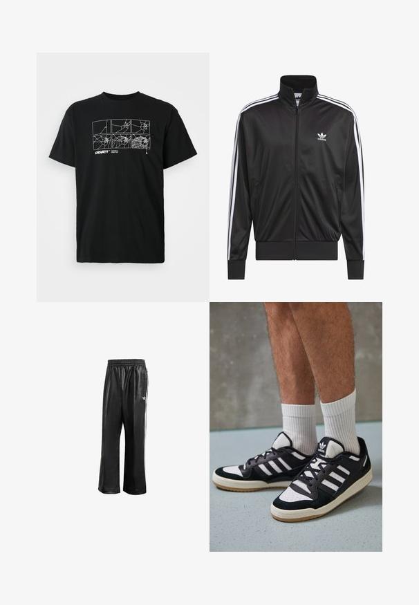 Schwarze Polyester-Jacke mit Reißverschluss und hohem Kragen, weißem Dreistreifen-Design an den Ärmeln und kleinem weißen Adidas-Logo auf der linken Brust.; Schwarzes Baumwoll-T-Shirt mit einer Grafik von Spinnennetzen in weißem Linienstil auf der Brust. Kurze Ärmel und ein Rundhalsausschnitt.; Schwarze synthetische Sporthosen mit elastischem Taillenbund, ausgestattet mit weißen Seitenstreifen und einem kleinen weißen Logo auf der linken Hüfte.; Schwarz-weiße Sneaker mit einem Obermaterial aus Wildleder und Leder, ausgestattet mit drei weißen Streifen, einer perforierten Zehenpartie und einer Sohle aus Gummi.