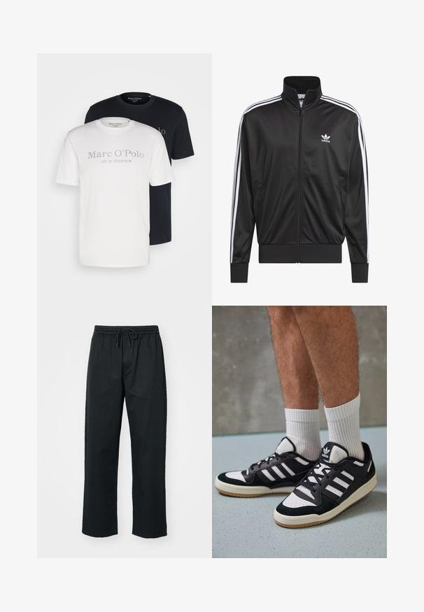 Melnas poliestera zip-up jaka ar augstu apkakli, baltu triju svītru dizainu gar piedurknēm un mazliet baltu Adidas logo kreisajā krūtī.; Divas kokvilnas T-krekli: viens balts ar pelēku logo, otrs melns ar atbilstošu logo. Abiem ir apaļa kakla izgriezuma forma un īsas piedurknes.; Converse STRAIGHT LEG PANTS - Auduma bikses - black; Melnas un baltas kedas ar zamša un ādas augšdaļu, kas aprīkotas ar trim baltām svītrām, perforētu purngali un gumijas zolēm.