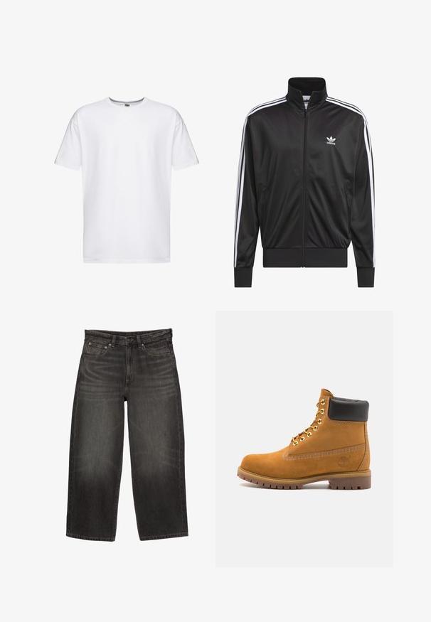 Giacca nera in poliestere con zip e collo alto, design a tre strisce bianche lungo le maniche e piccolo logo Adidas bianco sul lato sinistro del petto.; T-shirt bianco in cotone con maniche corte, colletto girocollo e vestibilità ampia. Senza motivi o loghi, texture liscia e lunghezza standard.; Jeans in denim neri a gamba larga con tasche anteriori, passanti per cintura e chiusura a bottone, che mostrano una leggera scoloritura e pieghe.; Stivale alla caviglia in suede tan con collare imbottito nero, occhielli in metallo dorato, dettagli in cucitura bianca e suola in gomma robusta con battistrada pronunciato.