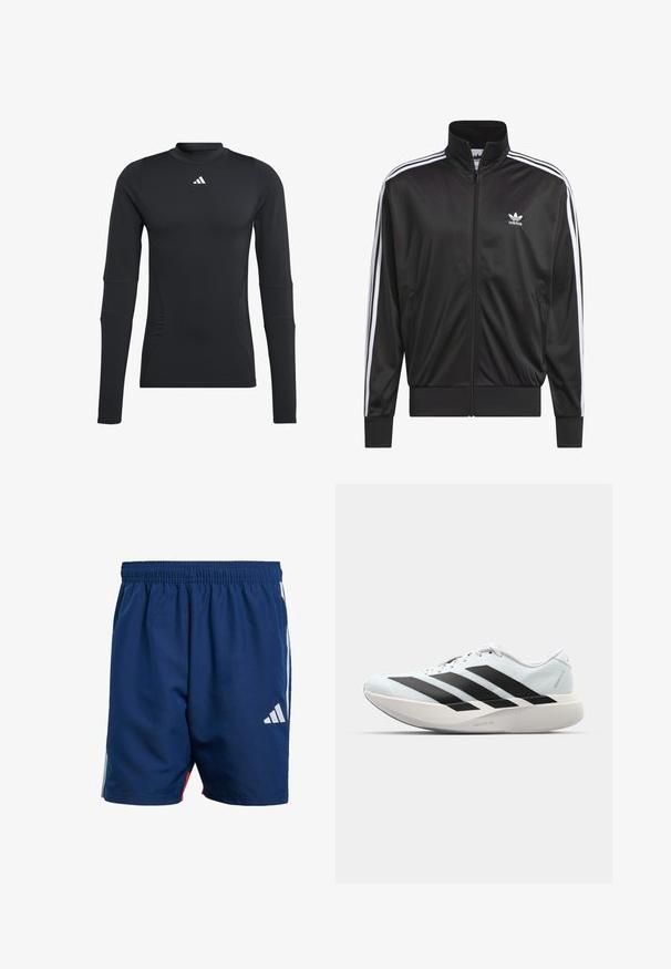 Schwarze Polyester-Jacke mit Reißverschluss und hohem Kragen, weißem Dreistreifen-Design an den Ärmeln und kleinem weißen Adidas-Logo auf der linken Brust.; Schwarzes langärmeliges Sporthemd aus glattem, dehnbarem Stoff. Verfügt über einen Rundhalsausschnitt und ein kleines weißes Logo auf der Brust.; Marineblaue Sportshorts mit einem elastischen Bund, seitlichen weißen Streifen und einem kleinen weißen Logo am unteren linken Bein. Leichtes Material.; Leichte Laufschuhe in hellblau mit schwarzen Streifen. Sie verfügen über ein glattes Obermaterial, eine runde Zehenpartie und eine dicke weiße Zwischensohle, die mit "LIGHTSTRIKE PRO" beschriftet ist.
