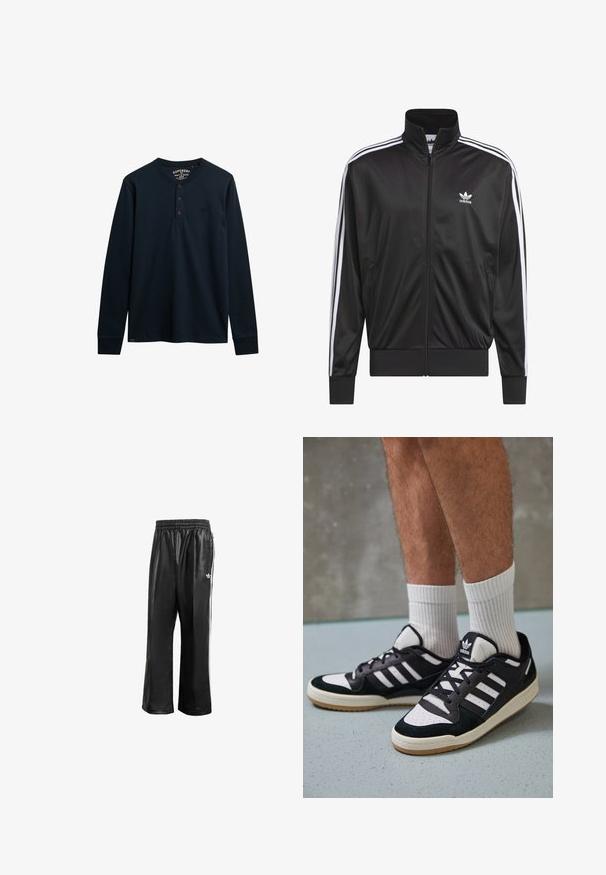 Zwarte polyester zip-up jas met hoge kraag, witte drie-strepen ontwerp langs de mouwen en klein wit Adidas-logo op de linkerbovenborst.; Marineblauwe langarm henley-shirt van zachte katoen, met een drievoudige knoopsluiting, afgeronde zoom en klein logo op de borst.; Zwarte synthetische trainingsbroek met een elastische tailleband, voorzien van witte zijstrepen en een klein wit logo op de linkse heup.; Zwart-witte sneakers met een bovenwerk van suede en leer, voorzien van drie witte strepen, een geperforeerde neus en een rubberen gumzool.
