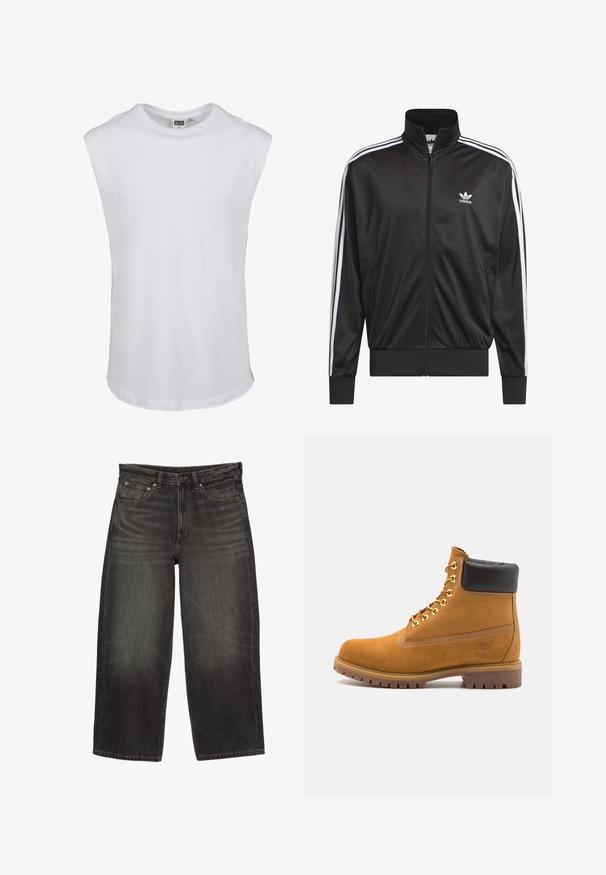 Musta polyesteristä valmistettu vetoketjullinen takki, jossa on korkea kaulus, valkoiset kolme raitaa hihoissa ja pieni valkoinen Adidas-logo vasemmassa rinnassa.; Valkoinen ilman hihoja oleva T-paita, joka on valmistettu puuvillasta. Sileä pinta, pyöreä pääntie ja suora helma. Ei grafiikkaa tai lisäyksitä.; Mustat, leveälahkeiset farkut, joissa on etutaskut, vyölenkit ja nappikiinnitys, osoittaen hienovaraista kulumista ja ryppyjä.; Valkoinen nahkainen nilkkuri mustalla pehmustetulla kauluksella, kultaisilla metallisilla rei'illä, valkoisella ompeluksella ja jykevällä kumipohjalla, jossa on selvästi näkyvät urat.