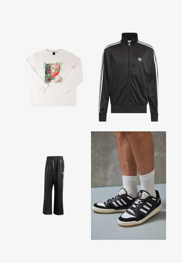 Black polyester zip-up jacket with high collar, white three-stripe design along sleeves, and small white Adidas logo on left chest.; Long-sleeve white t-shirt featuring a graphic print with red and green accents, abstract design, and black patterned background.; Black synthetic track pants with an elastic waistband, featuring white side stripes and a small white logo on the left hip.; Black and white sneakers with a suede and leather upper, featuring three white stripes, a perforated toe, and a gum rubber sole.