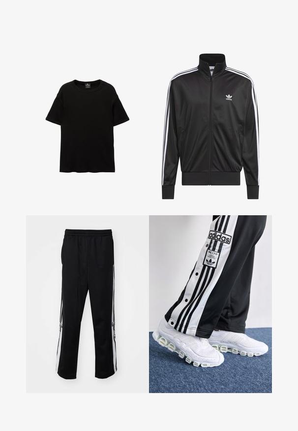 Černá polyesterová bunda na zip s vysokým límcem, bílý design tří pruhů podél rukávů a malé bílé logo Adidas na levé hrudi.; Černé tričko s krátkým rukávem vyrobené z bavlny. Má kulatý výstřih a volný střih, hladkou texturu a žádné viditelné vzory ani akcenty.; Černé sportovní kalhoty z hladkého materiálu, s bílými bočními pruhy a elastickým pasem pro pohodlí. Bez výrazných detailů nebo vzorů.; Černé a bílé tepláky Adidas se třemi pruhy a cvoky, kombinované s bílými teniskami s tlustou, trubicovou podrážkou.