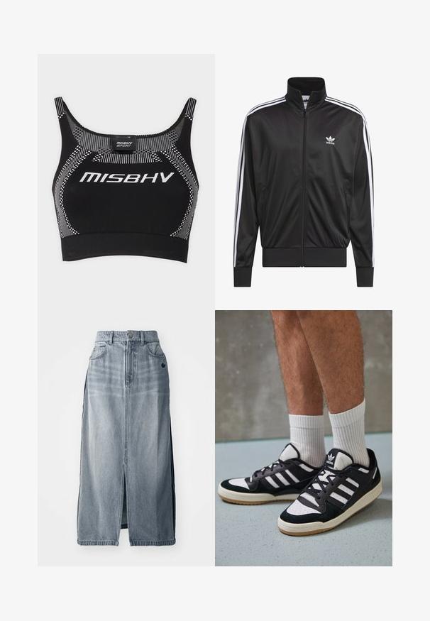 Μαύρο τζάκετ από πολυεστέρα με φερμουάρ και ψηλό γιακά, λευκή τριπλή ρίγα κατά μήκος των μανικιών και μικρό λευκό λογότυπο Adidas στο αριστερό στήθος.; MISBHV TOP - Μπλούζα - black/white; Τζιν φούστα σε ανοιχτό μπλε χρώμα με μπροστινή σχισμή, δύο τσέπες και λεπτομέρεια λογότυπου. Διαθέτει ψηλή μέση και ίσια γραμμή, κατασκευασμένη από ανθεκτικό ύφασμα.; Μαύρα και λευκά αθλητικά παπούτσια με άνω μέρος από σουέτ και δέρμα, featuring τρεις λευκές ρίγες, περατά δάχτυλα και σόλα από καουτσούκ τύπου γκαστ.