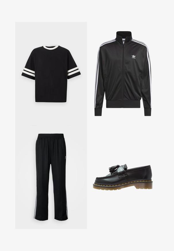 Svart polyester zip-up jakke med høy krage, hvit tre-stripesdesign langs ermene, og liten hvit Adidas-logo på venstre bryst.; Svart kortermet t-skjorte laget av bomull, med en rund hvit halsringning og to horisontale hvite striper på hver arm.; Sorte treningsbukser med elastisk midjebånd, med hvite sidestiper og en liten logo. Materialet ser mykt og lett ut.; Sorte lærloafers med en teksturert finish, med en dekorativ dusk og kontrasterende gul søm, på en chunky, transparent såle.