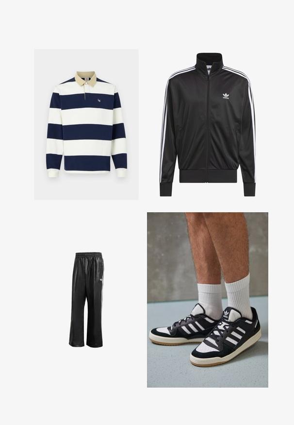 Jaqueta preta em poliéster com fecho, gola alta, design de três riscas brancas nas mangas e pequeno logótipo Adidas branco no lado esquerdo do peito.; Levi's® UNION RUGBY - Polo - navy; Calças de treino sintéticas pretas com um cós elástico, apresentando riscas laterais brancas e um pequeno logótipo branco no quadril esquerdo.; Ténis em preto e branco com upper em camurça e couro, apresentando três riscas brancas, um toe perfurado e uma sola em borracha de goma.