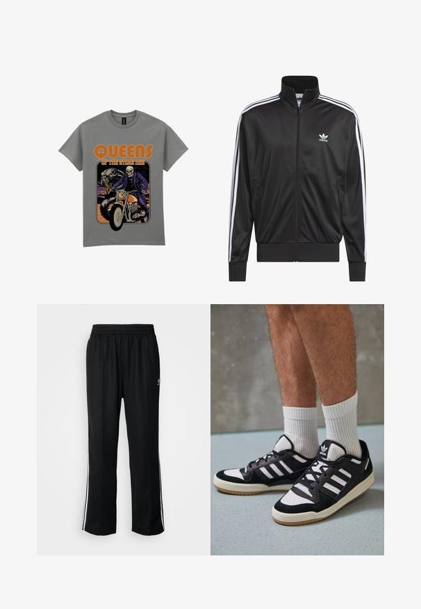 Černá polyesterová bunda na zip s vysokým límcem, bílý design tří pruhů podél rukávů a malé bílé logo Adidas na levé hrudi.; Jezdec na kostře na oranžovém motocyklu s velkým hadem za sebou, text "Queens of the Stone Age" tučně napsaná oranžovými písmeny nad.; Černé sportovní kalhoty s elastickým pasem, s bílými bočními pruhy a malým logem. Materiál vypadá měkce a lehce.; Černobílé tenisky s vrchní částí z semišové a kožené kůže, včetně tří bílých pruhů, perforovaného špičky a podrážky z gumy.