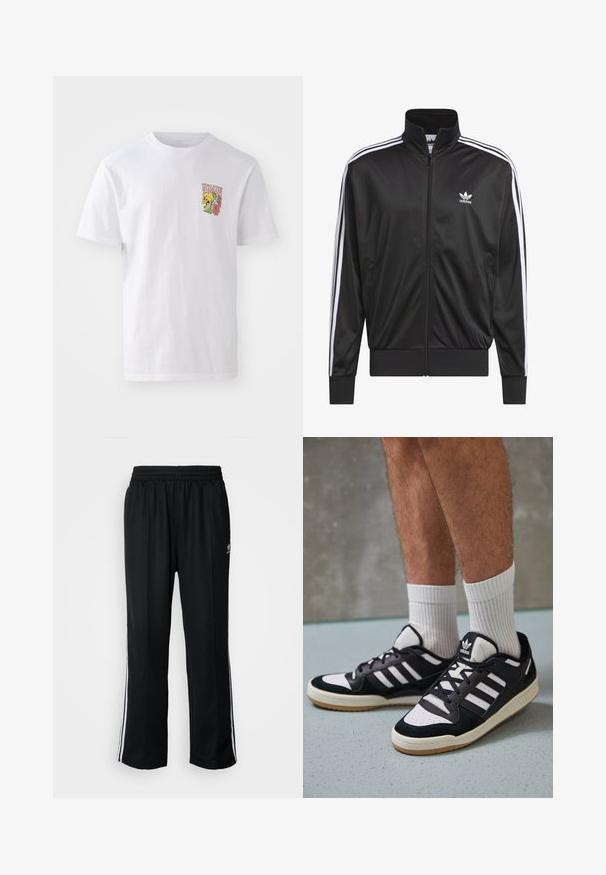 Chaqueta negra de poliéster con cremallera y alto cuello, diseño de tres rayas blancas a lo largo de las mangas y pequeño logo blanco de Adidas en el lado izquierdo del pecho.; Camiseta blanca de algodón con cuello redondo, mangas cortas y un gráfico colorido que presenta una calavera y flores en el pecho.; Pantalones deportivos negros con cintura elástica, que presentan rayas laterales blancas y un pequeño logotipo. El material parece suave y ligero.; Zapatillas en blanco y negro con parte superior de ante y cuero, que presentan tres franjas blancas, una puntera perforada y una suela de goma.
