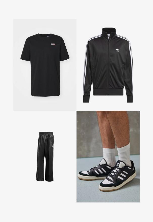 Black polyester zip-up jacket with high collar, white three-stripe design along sleeves, and small white Adidas logo on left chest.; Black cotton t-shirt with short sleeves and a round neckline. Features a red and white graphic print with "BASKETBALL" on the front.; Black synthetic track pants with an elastic waistband, featuring white side stripes and a small white logo on the left hip.; Black and white sneakers with a suede and leather upper, featuring three white stripes, a perforated toe, and a gum rubber sole.
