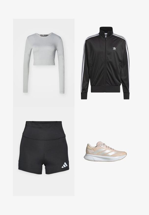 Giacca nera in poliestere con zip e collo alto, design a tre strisce bianche lungo le maniche e piccolo logo Adidas bianco sul lato sinistro del petto.; Crop top grigio chiaro a maniche lunghe realizzato in un tessuto elasticizzato, con motivi testurizzati e scollatura rotonda con finitura liscia.; adidas Performance Leggings - black; Scarpa sportiva di colore rosa chiaro con tomaia in rete traspirante, design con tre strisce argento, colletto imbottito e suola in gomma bianca.