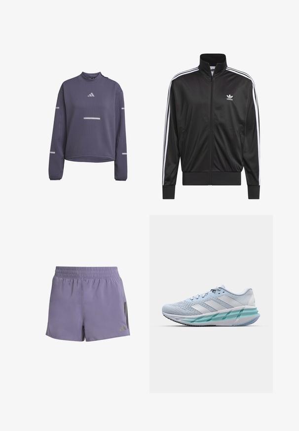 Black polyester zip-up jacket with high collar, white three-stripe design along sleeves, and small white Adidas logo on left chest.; Long-sleeve purple waffle-knit running top with high collar, reflective stripes on chest and sleeves, and Adidas logo on front.; Purple athletic shorts with an elastic waistband, two side pockets, and contrasting black accents on one side. Smooth, lightweight fabric.; Light blue athletic shoes with a textured knit upper, white accents, and a transparent green midsole. Rounded toe and padded collar.