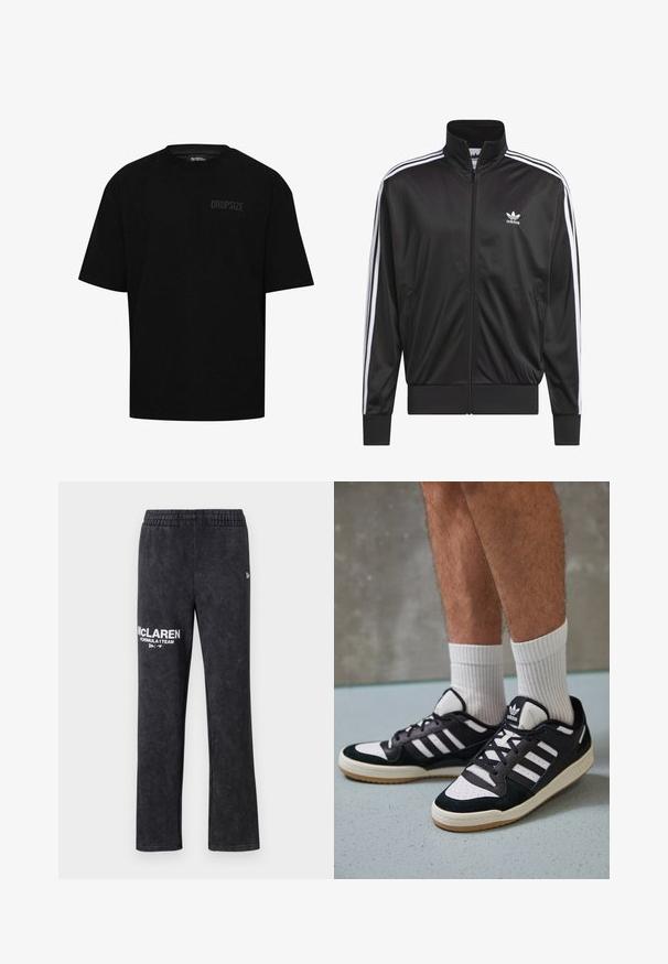 Veste zippée en polyester noir avec col montant, design à trois rayures blanches le long des manches et petit logo Adidas blanc sur la poitrine gauche.; T-shirt en coton noir à manches courtes, col rond et logo discret "DROPSIZE" sur le côté gauche de la poitrine. Coupe standard.; Pantalons de survêtement noirs en tissu doux, dotés d'une taille élastique et d'un logo imprimé blanc : "ÉQUIPE FORMULA 1 McLAREN" sur la jambe.; Baskets noir et blanc avec une tige en suède et cuir, comportant trois rayures blanches, un bout perforé et une semelle en caoutchouc gum.