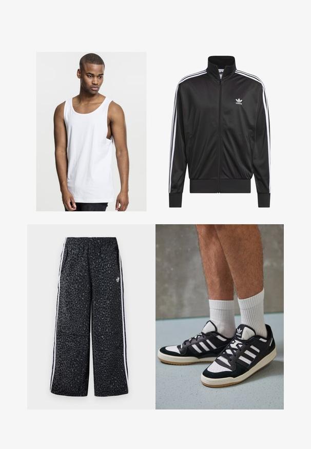 Černá polyesterová bunda na zip s vysokým límcem, bílý design tří pruhů podél rukávů a malé bílé logo Adidas na levé hrudi.; Bílý bezrukávový bavlněný top s kulatým výstřihem, volným střihem a bočními švy. Hladký povrch, standardní délka, vhodný pro každodenní nošení.; adidas Originals GRAPHIC UNISEX - Teplákové kalhoty - black; Černobílé tenisky s vrchní částí z semišové a kožené kůže, včetně tří bílých pruhů, perforovaného špičky a podrážky z gumy.