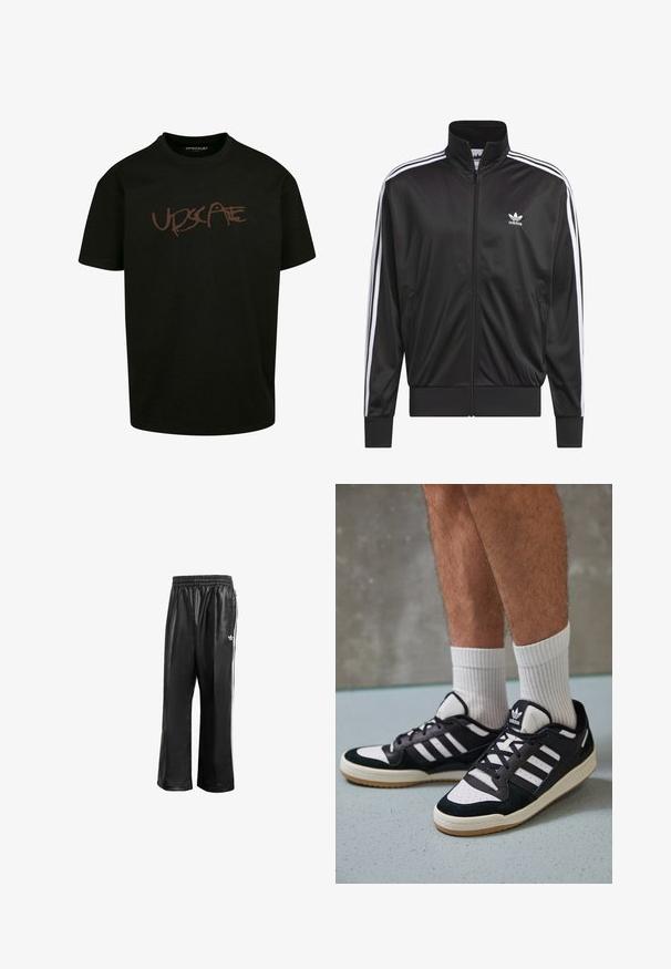 Chaqueta negra de poliéster con cremallera y alto cuello, diseño de tres rayas blancas a lo largo de las mangas y pequeño logo blanco de Adidas en el lado izquierdo del pecho.; Camiseta negra de algodón, con un logo impreso marrón "UPDSCAPE" en un estilo de fuente graffiti en la parte frontal. Mangas cortas, escote redondo.; Pantalones de chándal sintéticos negros con cinturilla elástica, que presentan rayas laterales blancas y un pequeño logo blanco en la cadera izquierda.; Zapatillas en blanco y negro con parte superior de ante y cuero, que presentan tres franjas blancas, una puntera perforada y una suela de goma.