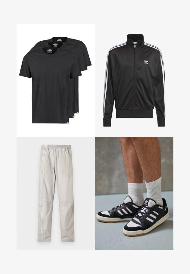 Schwarze Polyester-Jacke mit Reißverschluss und hohem Kragen, weißem Dreistreifen-Design an den Ärmeln und kleinem weißen Adidas-Logo auf der linken Brust.; Schwarze Baumwoll-T-Shirts im Dreierpack. Rundhalsausschnitt, kurze Ärmel und eine glatte Textur. Logo-Tag am Saum.; Hellgraue, leichte Hose mit elastischem Bund. Vertikale weiße Streifen an den Seiten. Glatte Textur, gerader Schnitt und keine Taschen.; Schwarz-weiße Sneaker mit einem Obermaterial aus Wildleder und Leder, ausgestattet mit drei weißen Streifen, einer perforierten Zehenpartie und einer Sohle aus Gummi.