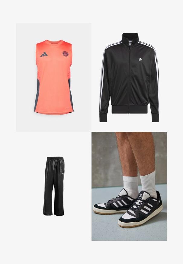Sort polyester zip-jakke med høj krave, hvid tre-stribe design langs ærmerne og lille hvid Adidas-logo på venstre bryst.; Koral ærmeløs atletisk skjorte med mørkegrå sidelæg. Har Adidas-logo og FC Bayern München-emblem. Lavet af letvægtsstof.; Sorte syntetiske træningsbukser med elastisk talje, prydet med hvide side-striber og et lille hvidt logo på venstre hofte.; Sorte og hvide sneakers med en overdel i ruskind og læder, der har tre hvide striber, en perforeret tå og en sål i gummigummi.