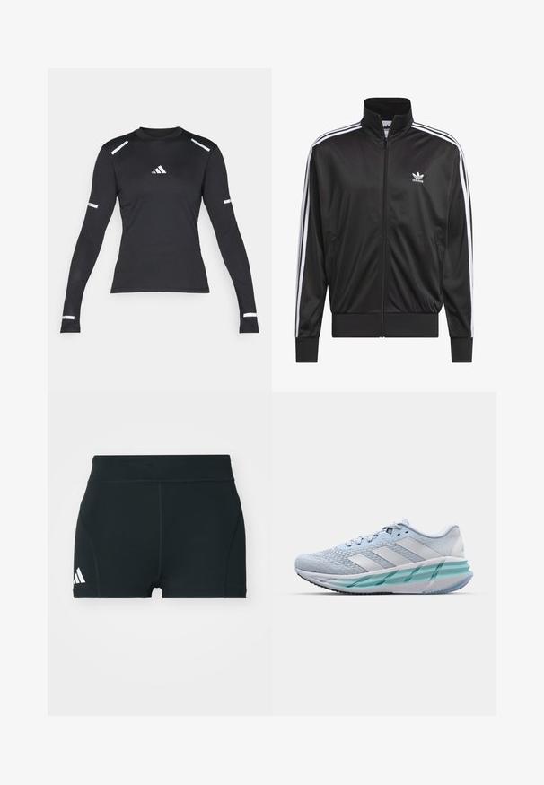 Schwarze Polyester-Jacke mit Reißverschluss und hohem Kragen, weißem Dreistreifen-Design an den Ärmeln und kleinem weißen Adidas-Logo auf der linken Brust.; Schwarz langärmliges Sportshirt aus strukturiertem Material. Verfügt über reflektierende Akzente an Schultern und Armen, mit einem kleinen Logo in der Mitte.; Schwarze Sportshorts aus elastischem Material, mit hohem Bund, taillierter Form und weißem Adidas-Logo auf der linken Seite.; Helle blaue Sportschuhe mit einem strukturierten Strickobermaterial, weißen Akzenten und einer transparenten grünen Zwischensohle. Abgerundete Zehenpartie und gepolsterter Schaft.