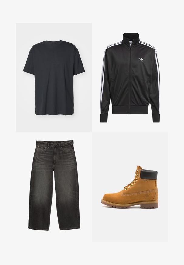 Fekete poliészter zipzáros dzseki magas gallérral, fehér háromsávos mintázattal az ujjak mentén, és kisméretű fehér Adidas logóval a bal mellrészen.; Fekete pamut póló rövid ujjakkal, kerek nyakkivágással, laza szabással és simaTextúrával. Nincs látható minta vagy további részlet.; Fekete, széles lábú farmernadrág, elülső zsebekkel, övhurkokkal és gombos záródással, amely finom fakulással és gyűrődéssel rendelkezik.; Barna velúr bokacipő fekete párnázott gallérral, arany fém fűzőlyukakkal, fehér varrási részletekkel és durva gumitalppal, amelynek kifejezett barázdái vannak.