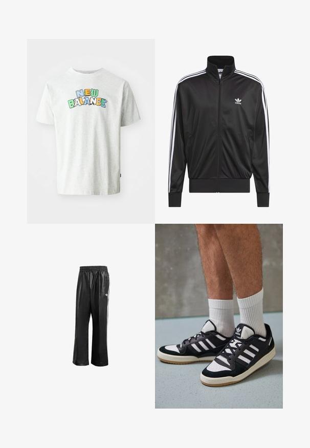 Jaqueta preta em poliéster com fecho, gola alta, design de três riscas brancas nas mangas e pequeno logótipo Adidas branco no lado esquerdo do peito.; T-shirt de algodão cinza com mangas curtas, apresentando um logótipo colorido "NEW BALANCE" em destaque no peito, decote redondo e corte descontraído.; Calças de treino sintéticas pretas com um cós elástico, apresentando riscas laterais brancas e um pequeno logótipo branco no quadril esquerdo.; Ténis em preto e branco com upper em camurça e couro, apresentando três riscas brancas, um toe perfurado e uma sola em borracha de goma.