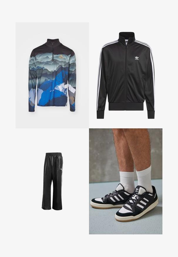 Schwarze Polyester-Jacke mit Reißverschluss und hohem Kragen, weißem Dreistreifen-Design an den Ärmeln und kleinem weißen Adidas-Logo auf der linken Brust.; Bogner Fire + Ice PASCAL - Langarmshirt - multicolor; Schwarze synthetische Sporthosen mit elastischem Taillenbund, ausgestattet mit weißen Seitenstreifen und einem kleinen weißen Logo auf der linken Hüfte.; Schwarz-weiße Sneaker mit einem Obermaterial aus Wildleder und Leder, ausgestattet mit drei weißen Streifen, einer perforierten Zehenpartie und einer Sohle aus Gummi.