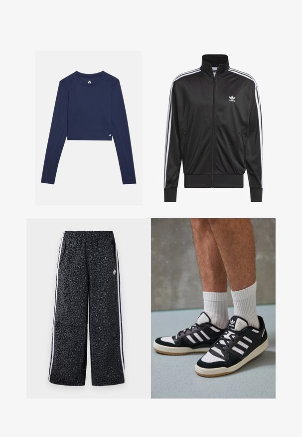 Crna poliester jakna s patentnim zatvaračem i visokim ovratnikom, bijeli dizajn s tri pruge duž rukava i mali bijeli Adidas logo na lijevoj strani prsnog koša.; Mornarski kratki gornji dio s dugim rukavima napravljen od glatkog materijala, s okruglim izrezom i malim logotipom na donjoj desnoj strani.; adidas Originals GRAPHIC UNISEX - Donji dijelovi trenirke - black; Crne i bijele tenisice s gornjim dijelom od antilopa i kože, s tri bijele pruge, perforiranim prstom i gumiranim potplatom.