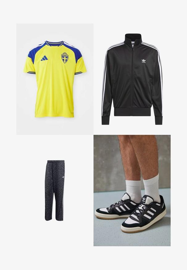 Jaqueta preta em poliéster com fecho, gola alta, design de três riscas brancas nas mangas e pequeno logótipo Adidas branco no lado esquerdo do peito.; Camisola atlética amarela com detalhes azuis. Apresenta o emblema nacional sueco e três riscas nas mangas. Feita de um tecido suave e respirável.; Calças atléticas pretas com um padrão de estampa de leopardo, apresentando um design de três riscas brancas e um logotipo de marca atlética na lateral.; Ténis em preto e branco com upper em camurça e couro, apresentando três riscas brancas, um toe perfurado e uma sola em borracha de goma.