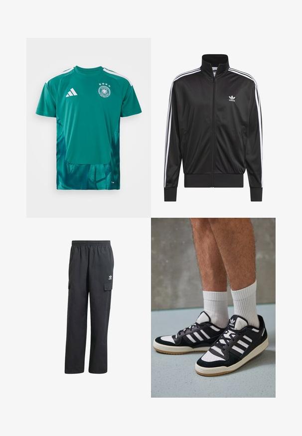 Veste zippée en polyester noir avec col montant, design à trois rayures blanches le long des manches et petit logo Adidas blanc sur la poitrine gauche.; Maillot de sport vert avec un col rond, des manches courtes, un motif graphique ton sur ton sur la moitié inférieure et des rayures blanches sur les épaules.; Pantalons cargo noirs avec une ceinture élastique, deux poches latérales et un logo discret sur la cuisse gauche. Fabriqués en tissu léger.; Baskets noir et blanc avec une tige en suède et cuir, comportant trois rayures blanches, un bout perforé et une semelle en caoutchouc gum.