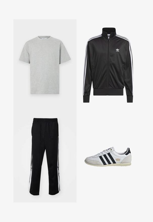 Giacca nera in poliestere con zip e collo alto, design a tre strisce bianche lungo le maniche e piccolo logo Adidas bianco sul lato sinistro del petto.; T-shirt in cotone grigio con collo a giro, maniche corte e vestibilità comoda. Texture liscia senza motivi o dettagli visibili.; Pantaloni sportivi neri realizzati in tessuto liscio, con strisce laterali bianche e una vita elastica per il comfort. Nessun dettaglio o motivo particolare.; Sneaker bianco con strisce nere e brandizzazione dorata. Presenta materiali in suede e pelle, una tomaia perforata e una suola in gomma testurizzata.