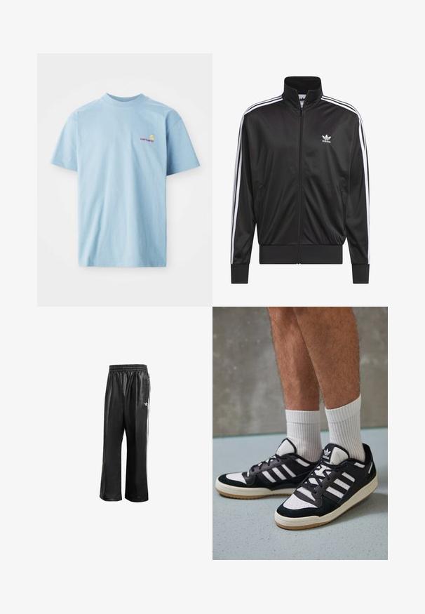 Black polyester zip-up jacket with high collar, white three-stripe design along sleeves, and small white Adidas logo on left chest.; Light blue, short-sleeve t-shirt made of cotton, featuring a round neck and a small multicolored Carhartt logo on the left chest.; Black synthetic track pants with an elastic waistband, featuring white side stripes and a small white logo on the left hip.; Black and white sneakers with a suede and leather upper, featuring three white stripes, a perforated toe, and a gum rubber sole.