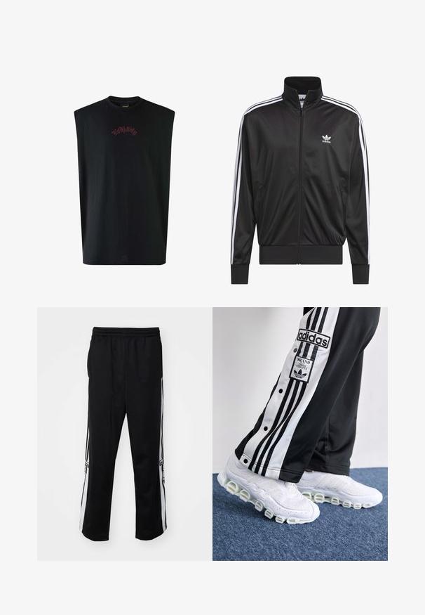 Zwarte polyester zip-up jas met hoge kraag, witte drie-strepen ontwerp langs de mouwen en klein wit Adidas-logo op de linkerbovenborst.; Ed Hardy SNAKE & SKULL IN FLAMES SLEEVELESS  - Top - black; Zwarte sportieve broek van gladde stof, met witte zijstrepen en een elastische tailleband voor comfort. Geen opvallende details of patronen.; Adidas trainingsbroeken in zwart en wit met drie strepen en drukknopen, gecombineerd met witte sneakers met een dikke, buisvormige zool.