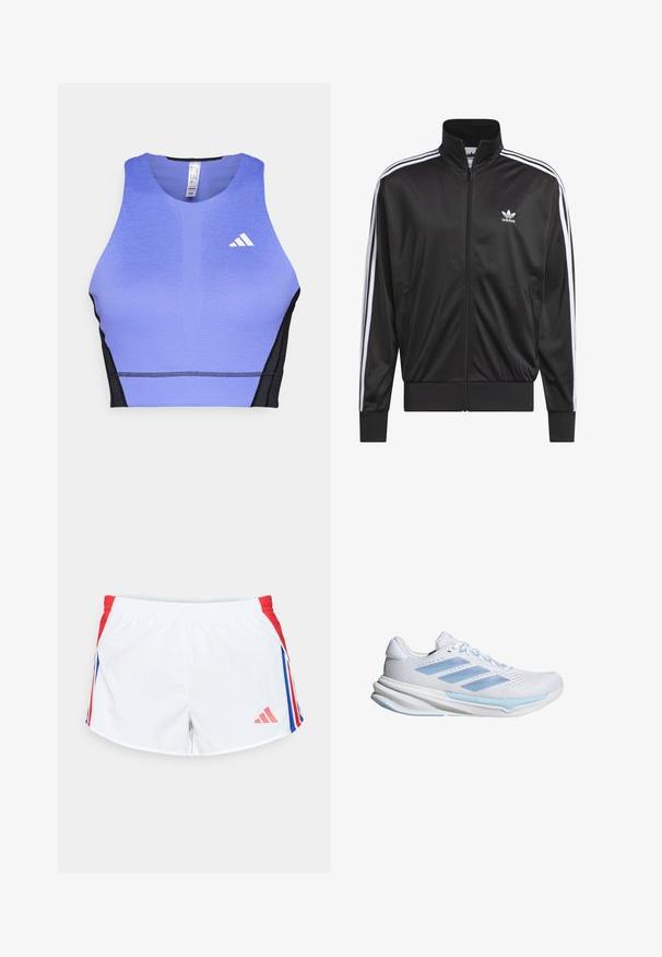 Crna poliester jakna s patentnim zatvaračem i visokim ovratnikom, bijeli dizajn s tri pruge duž rukava i mali bijeli Adidas logo na lijevoj strani prsnog koša.; Ljubičasti sportski crop top s teksturiranom površinom, crnim bočnim panelima i bijelim logotipom na lijevom dijelu prsnog koša. Sportski dizajn s zaobljenim izrezom.; Bijele sportske kratke hlače s crvenim bočnim panelima koji sadrže plave pruge. Elastična pojas i logo na donjoj lijevoj strani. Glatka tekstura tkanine.; Bijele trkačke tenisice s laganim plavim akcentima, prozračna mrežasta gornja strana, dizajn s tri pruge, podstava za ublažavanje i teksturirana podloga za prianjanje.