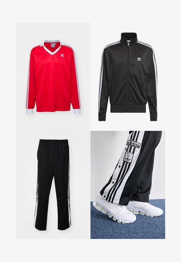 Chaqueta negra de poliéster con cremallera y alto cuello, diseño de tres rayas blancas a lo largo de las mangas y pequeño logo blanco de Adidas en el lado izquierdo del pecho.; adidas Originals Polo - better scarlet; Pantalones deportivos negros de tela suave, con franjas laterales blancas y una cintura elástica para mayor comodidad. Sin detalles o patrones notables.; Pantalones de chándal Adidas en negro y blanco con tres rayas y botones de presión, combinados con zapatillas blancas con una suela gruesa y tubular.