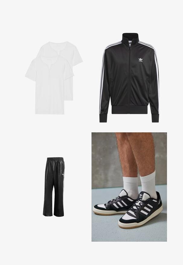 Svart polyester zip-up jacka med hög krage, vit tre-stripes design längs ärmarna, och liten vit Adidas-logga på vänster bröst.; Två vita kortärmade t-shirts i mjuk bomull, med en henleykrage och två knappar samt en vanlig passform.; Svarta syntetiska löparbyxor med elastisk midja, prydda med vita sidosträck och en liten vit logotyp på vänster höft.; Svartvita sneakers med ovandel i mocka och läder, med tre vita ränder, perforerad tå och sula av gummigummi.