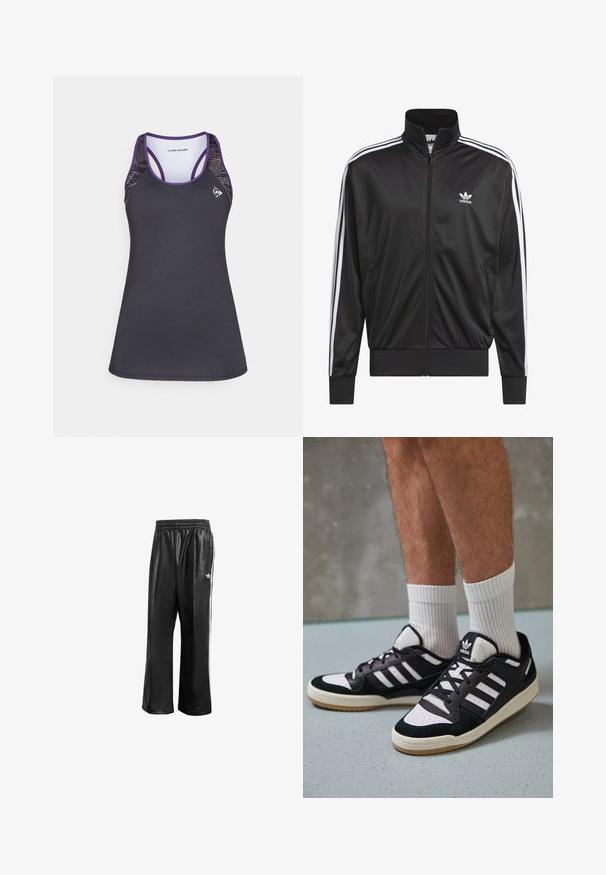 Zwarte polyester zip-up jas met hoge kraag, witte drie-strepen ontwerp langs de mouwen en klein wit Adidas-logo op de linkerbovenborst.; Zwarte sporttanktop met paarse accenten, met een racerback ontwerp en gestructureerde mesh zijkanten. Gemaakt van vochtregulerende stof.; Zwarte synthetische trainingsbroek met een elastische tailleband, voorzien van witte zijstrepen en een klein wit logo op de linkse heup.; Zwart-witte sneakers met een bovenwerk van suede en leer, voorzien van drie witte strepen, een geperforeerde neus en een rubberen gumzool.