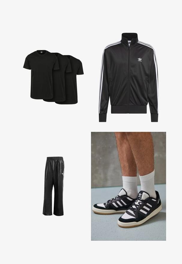 Melnas poliestera zip-up jaka ar augstu apkakli, baltu triju svītru dizainu gar piedurknēm un mazliet baltu Adidas logo kreisajā krūtī.; Trīs melnas kokvilnas t-kreklus ar īsām piedurknēm, apļa kakla un gludu tekstūru, izlikti pārklājoties. Nav redzamu rakstu vai logo.; Melnas sintētiskas sporta bikses ar elastīgu jostasvietu, ar baltām sānu svītrām un mazu baltu logo kreisajā gurnā.; Melnas un baltas kedas ar zamša un ādas augšdaļu, kas aprīkotas ar trim baltām svītrām, perforētu purngali un gumijas zolēm.