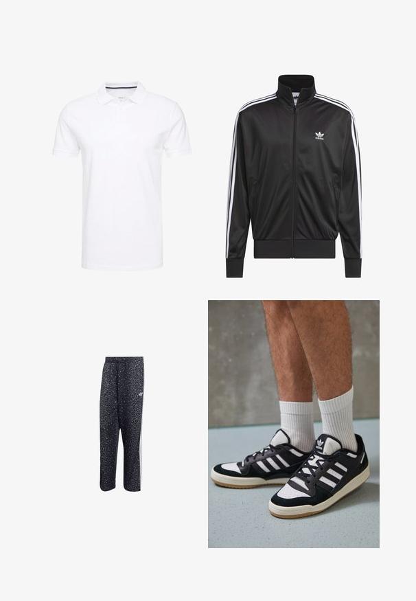 Černá polyesterová bunda na zip s vysokým límcem, bílý design tří pruhů podél rukávů a malé bílé logo Adidas na levé hrudi.; Bílá polo košile vyrobená z bavlny, se tradičním límečkem, krátkými rukávy a zapínáním na tři knoflíky s jemnými námořnickými akcenty na vnitřní straně.; Černé sportovní kalhoty s leopardím vzorem, obsahující bílý design se třemi pruhy a logo sportovní značky na boku.; Černobílé tenisky s vrchní částí z semišové a kožené kůže, včetně tří bílých pruhů, perforovaného špičky a podrážky z gumy.