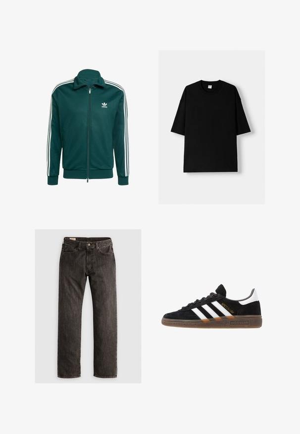 Groene zip-up jas van zacht stof. Voorzien van witte strepen op de mouwen en een klein wit logo op de borst. Elastische manchetten en onderrand.; Zwarte katoen t-shirt met korte mouwen, ronde hals en een relaxte fit. Soepele textuur en minimalistisch ontwerp, geen patronen of accenten.; Zwarte denim jeans met rechte pijpen, knoop- en ritssluiting, voor- en achterzakken en riemlussen.; Zwarte Adidas sneaker met witte strepen, gouden "Spezial" tekst, gumzool en witte hieltab, weergegeven in zijaanzicht.