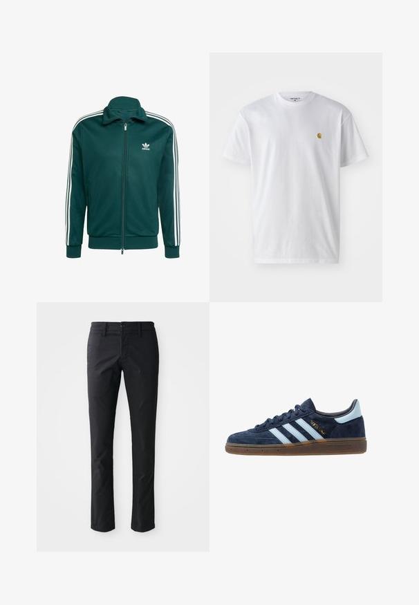 Zaļš zipa jaka, izgatavota no mīkstas auduma. Tam ir baltas svītras uz piedurknēm un neliels balts logs uz krūtīm. Elastīgas aproces un apakšmala.; Balta kokvilnas t-kreklu ar īsām piedurknēm, apaļu kakla izgriezumu, ar mazu zelta logotipu kreisajā krūšu pusē. Mīksta tekstūra un regulāra piegriezuma.; Melni taisni bikses, izgatavotas no gludas auduma, ar vienu pogu un jostu cilpām. Minimalistisks dizains bez redzamām rakstām.; Jūras zilas zamša Adidas sporta apavi ar gaiši zilām strēmēm, gumijas zole, gaiši zila papēža cilpa un zelta "Spezial" emblēma sānos.