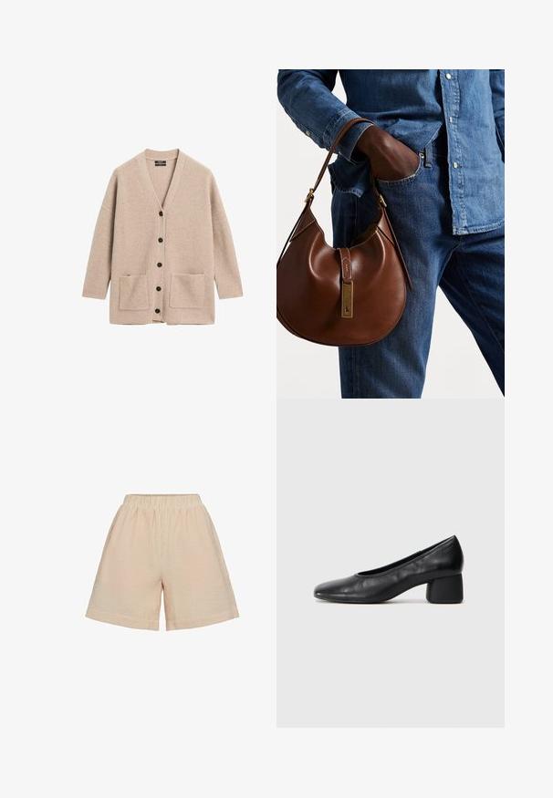 Beige Strickjacke mit V-Ausschnitt, langen Ärmeln und zwei Fronttaschen. Mit schwarzen Knöpfen und durchgehend geripptem Muster.; Weißes Hemd mit langen Ärmeln, klassischem Kragen und einem kleinen blauen Logo am Bund. Glattes Baumwollmaterial, strukturierte Passform.; Moves PYNNA - Shorts - tangerine; Schwarze Lederpumps mit runder Zehenpartie und mittelhohem Blockabsatz. Glatte Textur mit minimalen Details, ausgestattet mit einem dezenten elastischen Einstieg.; Braune Leder-Hobo-Tasche mit runder Form, ausgestattet mit goldenen Hardware-Details und kontrastierenden Nähten. Kombiniert mit einem Jeanshemd und Jeans.