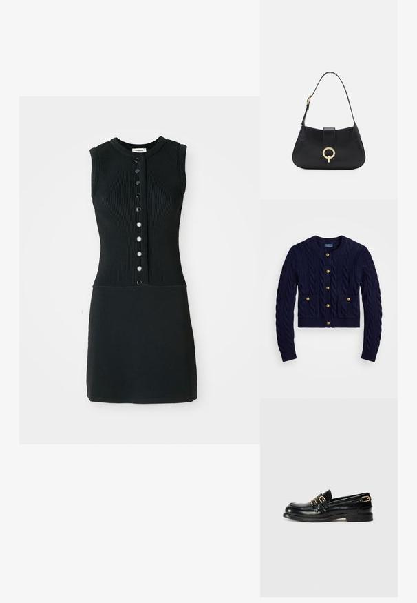 Granatowy, dziany kardigan z wzorem w warkocze, zdobiony złotymi guzikami i dwoma przednimi kieszeniami. Krótki krój, ściągacze przy mankietach i u dołu.; Czarna dzianinowa sukienka bez rękawów o okrągłym dekolcie, z przodem z sześcioma czarnymi guzikami i dopasowanym krojem.; Czarne skórzane mokasyny o błyszczącej powierzchni, z dwiema złotymi klamrami i niskim obcasem. Gładka tekstura z zaokrąglonym noskiem.; Czarna skórzana torebka o zaokrąglonym kształcie, z krótkim paskiem, centralnym złotym wykończeniem i gładką fakturą. Brak widocznych wzorów czy akcentów.
